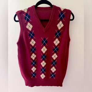 Vintage Cottagecore 100% CASHMERE Burgundy Navy & Ivory Argyle Vest 39" Chest